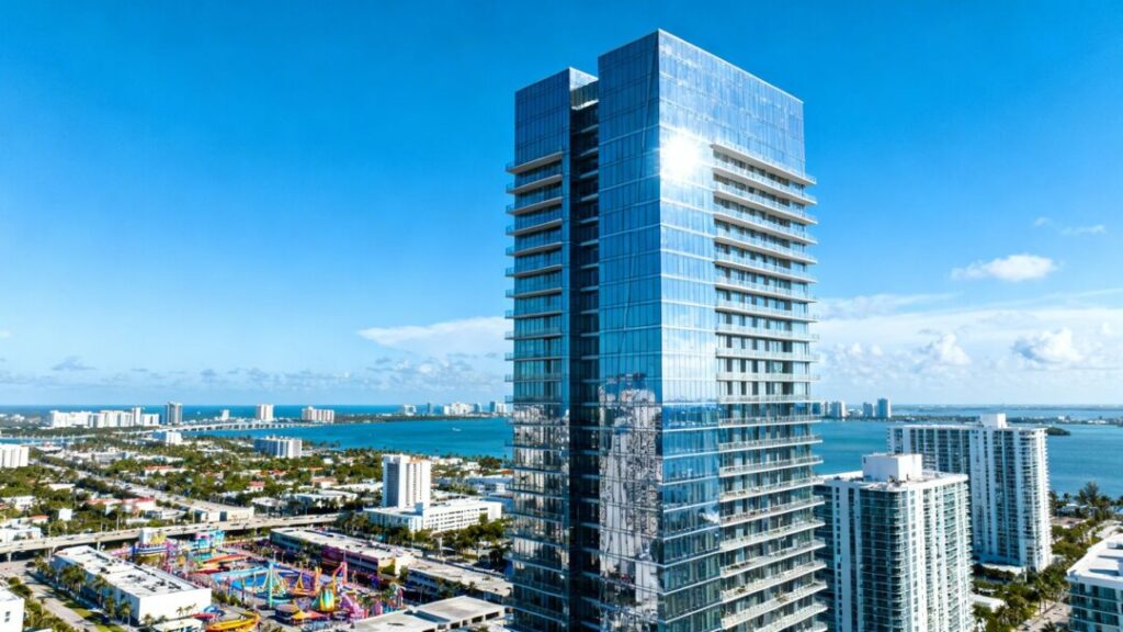 Miami skyscraper with glass facade against blue sky.