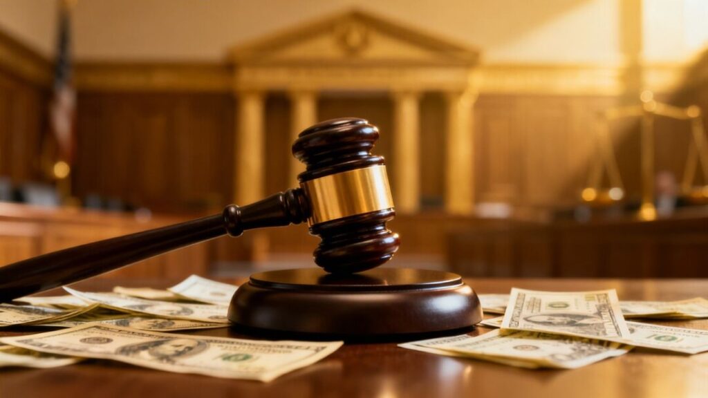 Gavel striking block, money bills scattered, courthouse background.