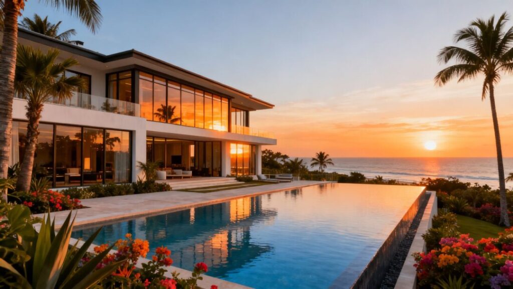 Luxury mansion with infinity pool overlooking the ocean.