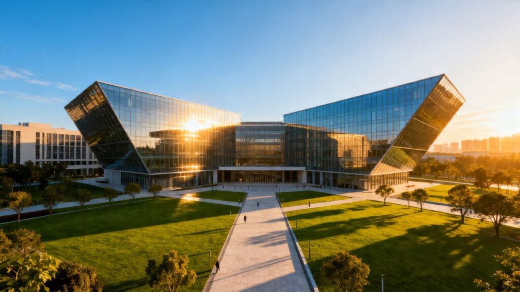 Modern university campus architectural rendering with buildings and green spaces.