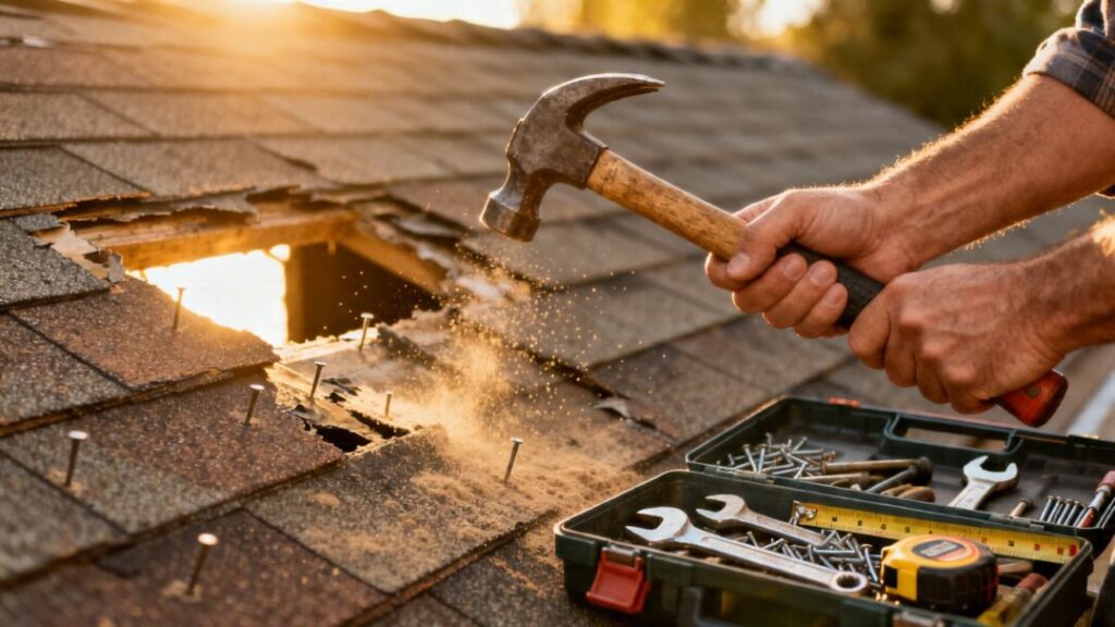 Homeowner repairing roof for hurricane season preparedness.