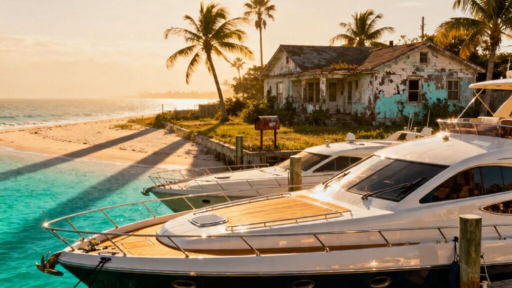 Florida coast with luxury yachts and a struggling suburban home.