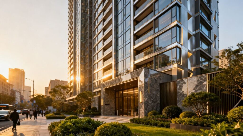 Modern residential building in a city neighborhood.