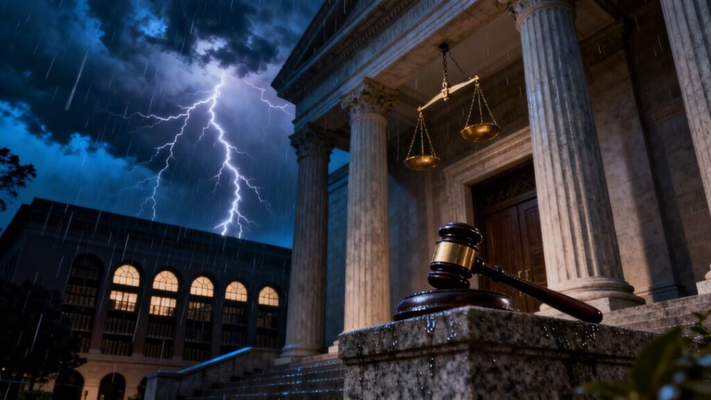 Courthouse with stormy sky and library silhouette.