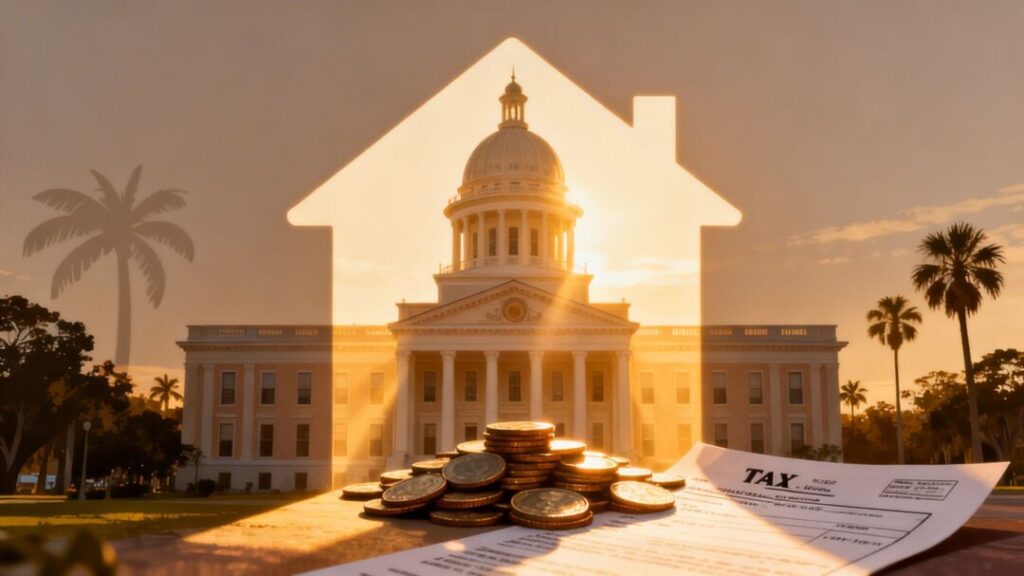 Florida capitol building with house silhouette and coins.