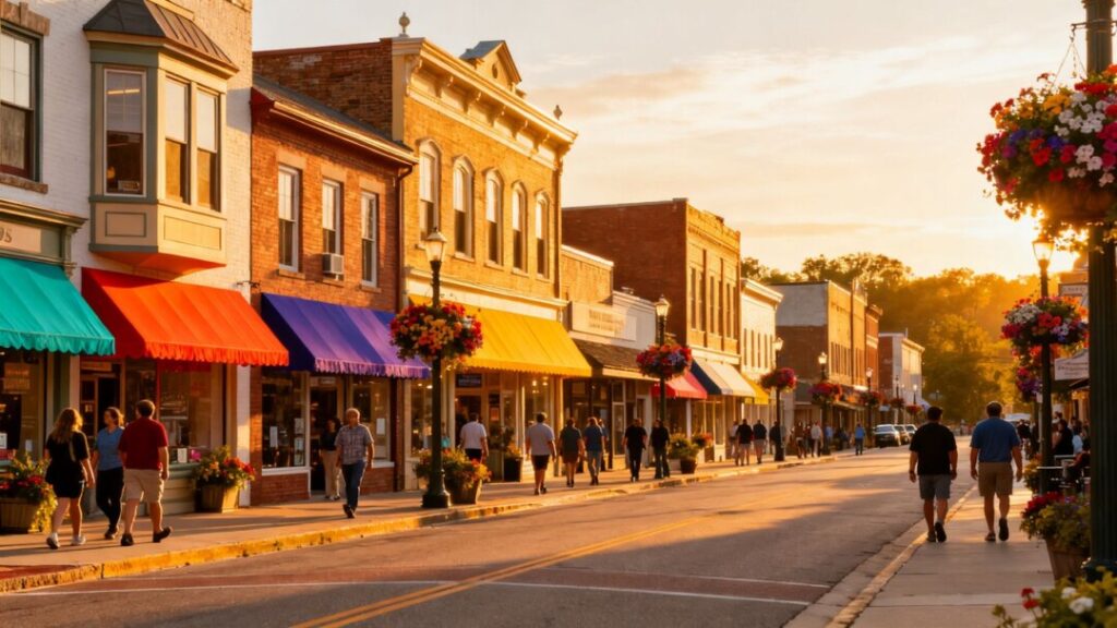 Bethlehem's Main Street bustling with people and colorful buildings.