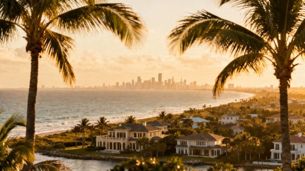 Florida coast with distant city skyline, indicating market shift.