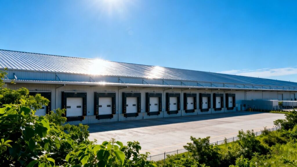 Industrial warehouse complex under a blue sky.