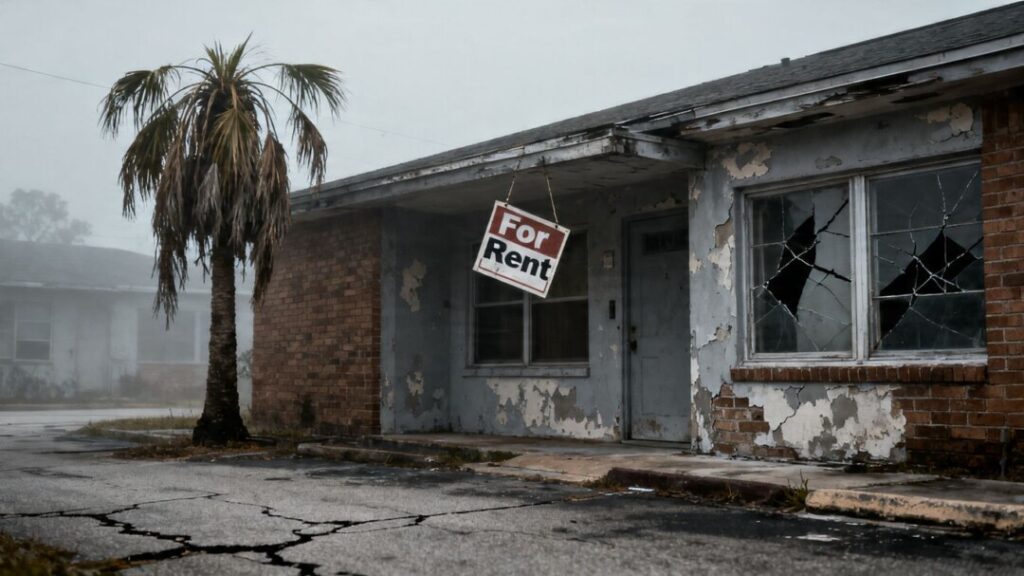 Florida apartment building with a crooked 'For Rent' sign.