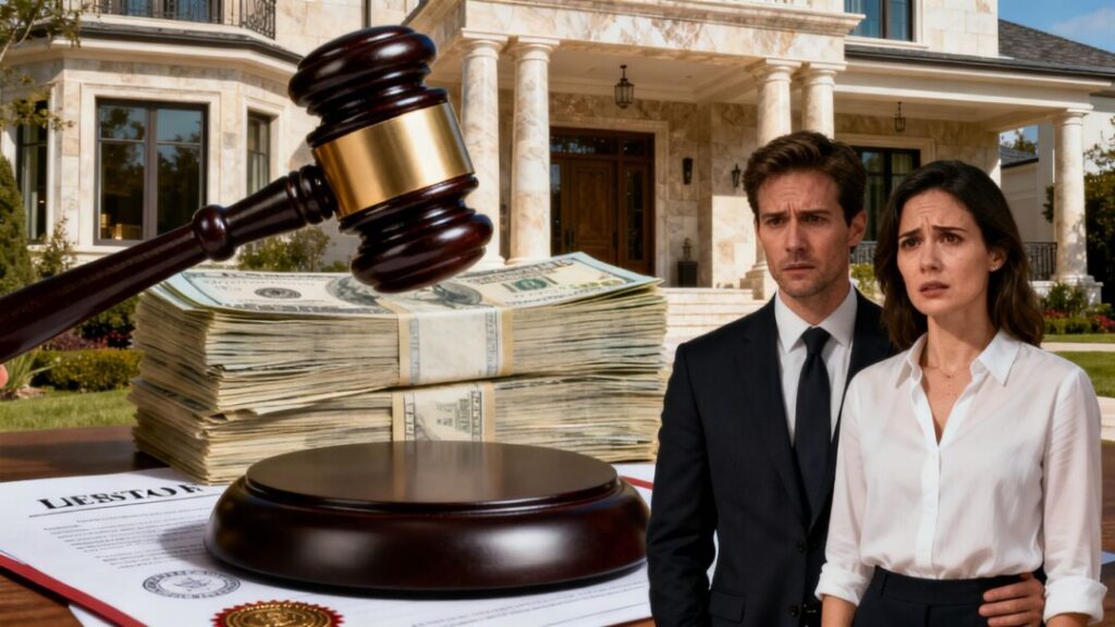 Couple in front of mansion with money and gavel.