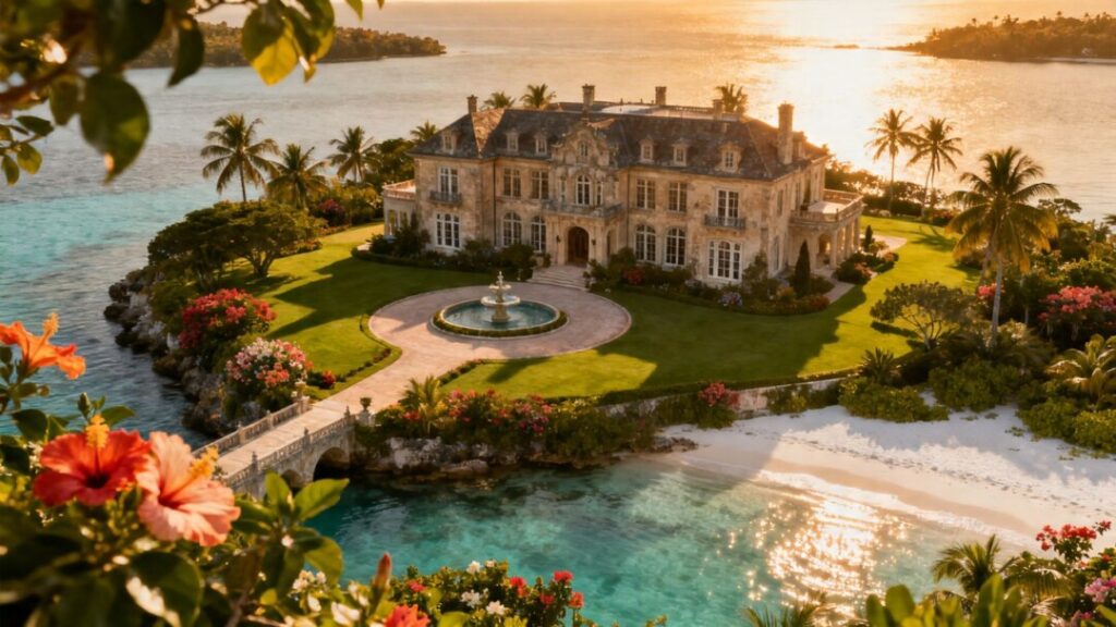 Luxury island estate with mansion, lawns, and ocean view.