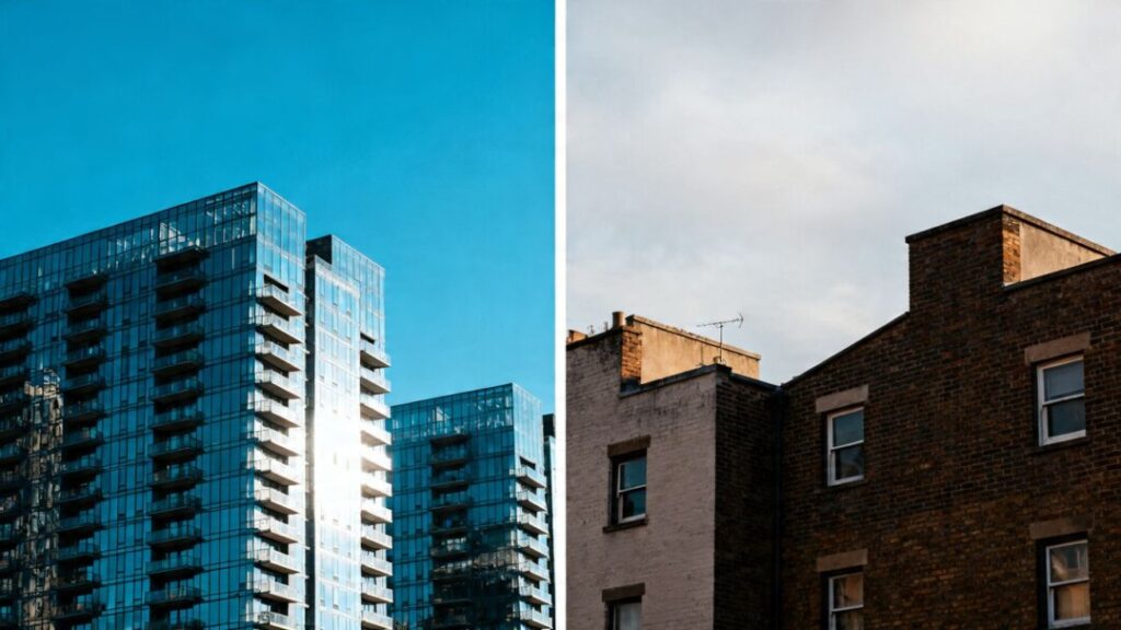 Miami skyline split, luxury vs. older buildings