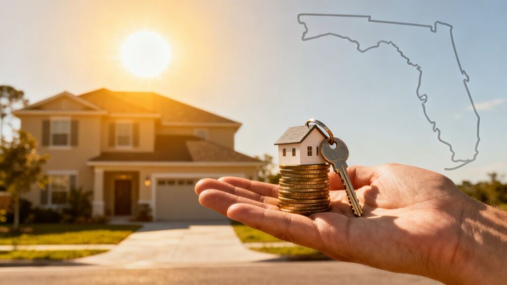 Florida home, coins, and house key.