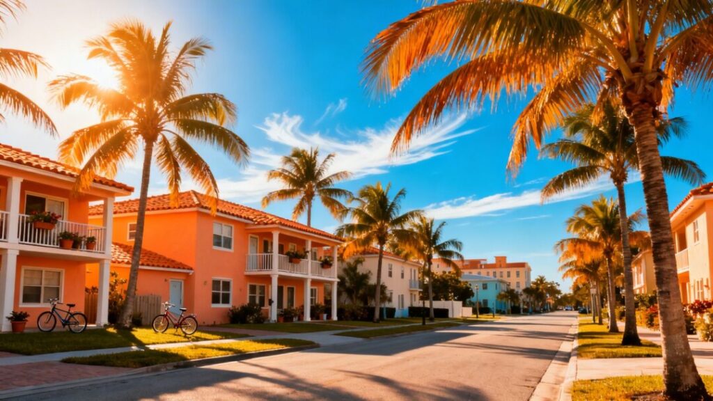 Affordable Florida city skyline with palm trees and houses.