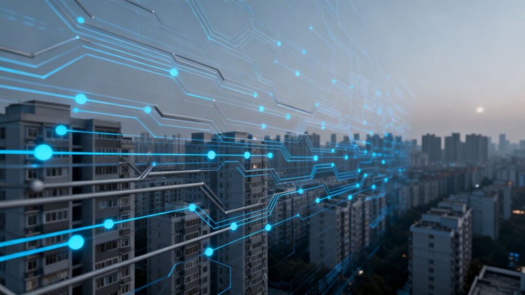 Algorithm interface with city skyline overlay