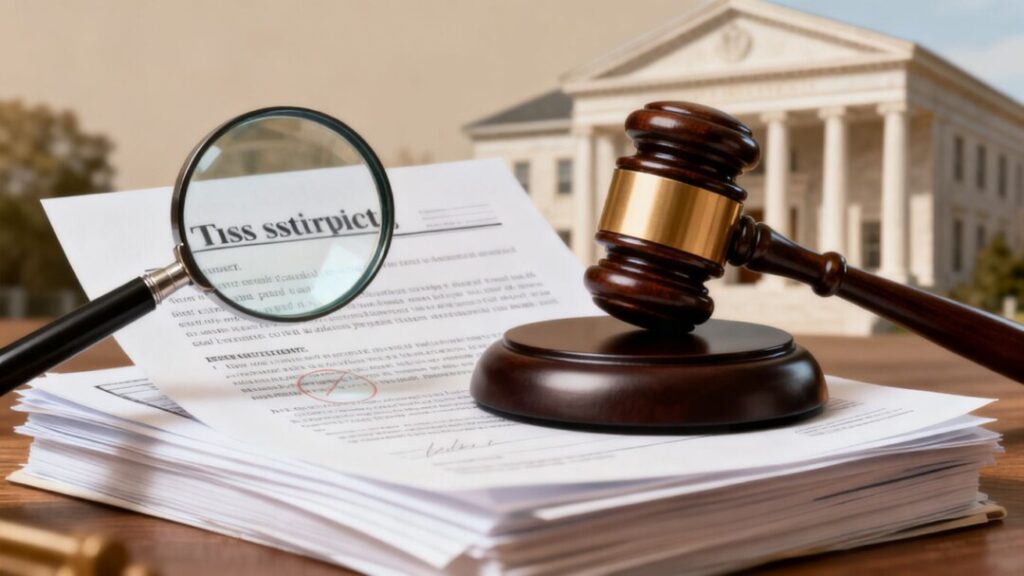 Gavel striking real estate documents, magnifying glass on contract.