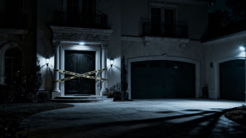 Mansion with police tape, missing Porsche from driveway.
