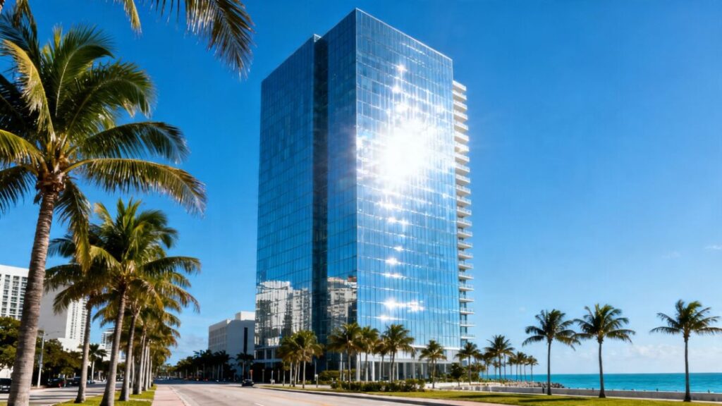 Miami skyline with palm trees and ocean view.