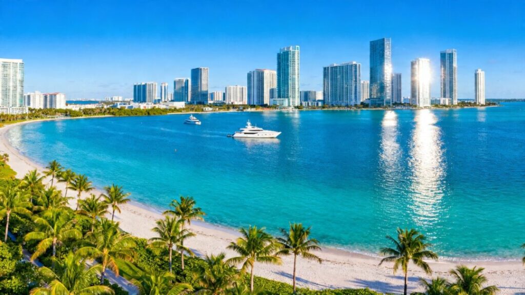 Sunny Isles coastline with luxury buildings and ocean.