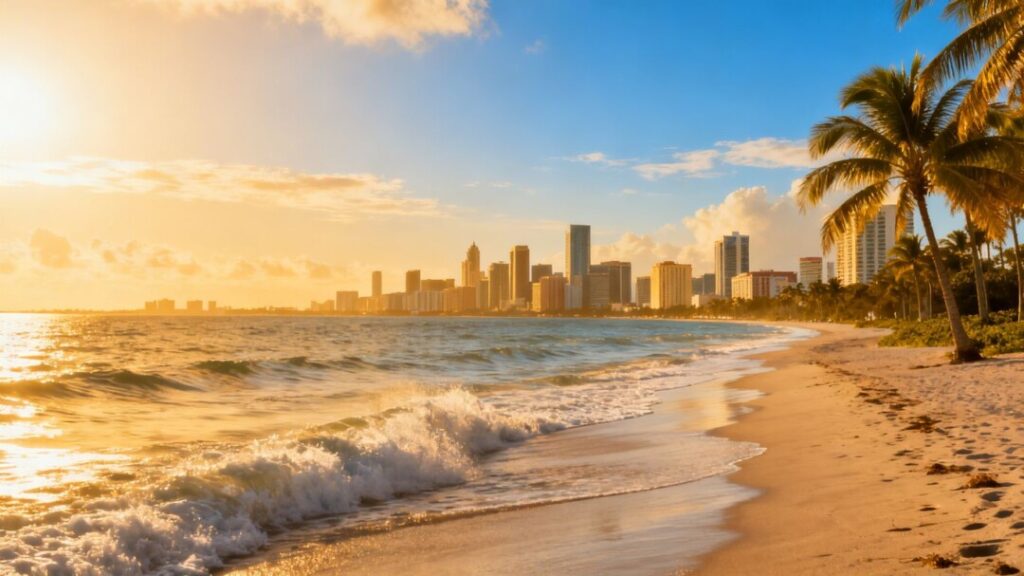 Florida coastline with cityscape, palm trees, and ocean waves.