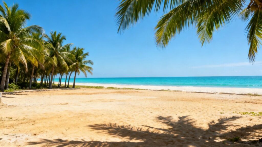 Palm Beach oceanfront lot with palm trees and ocean view.