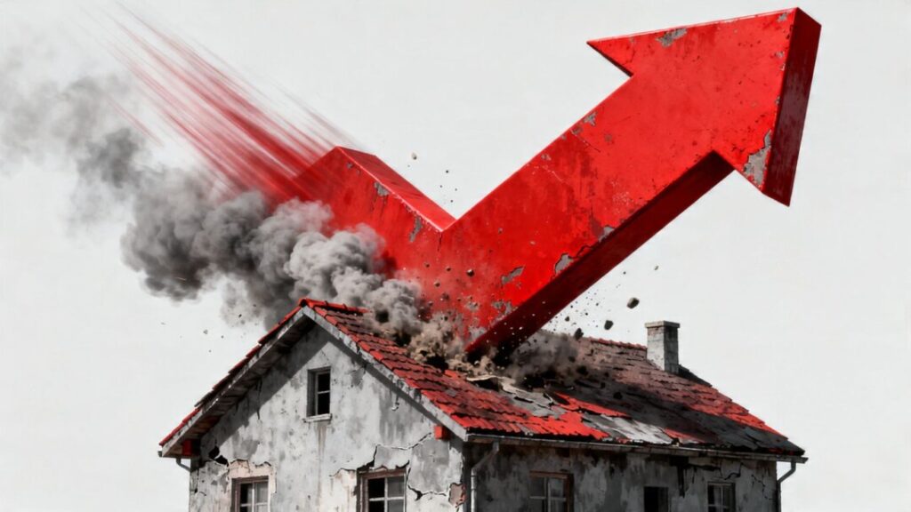 House with a large red arrow breaking through the roof.
