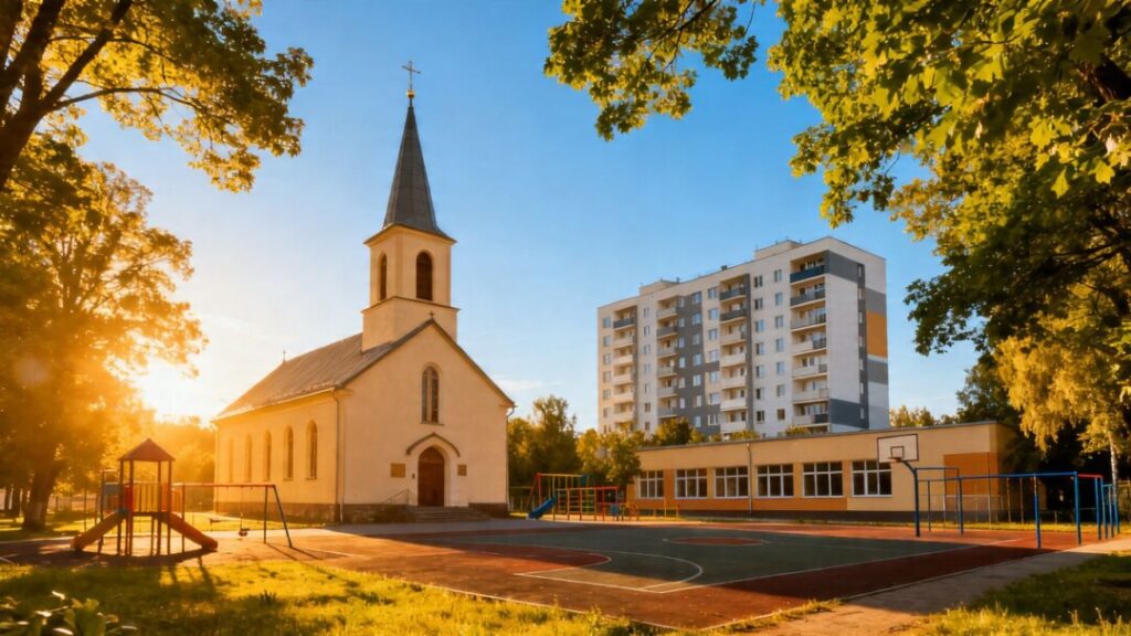 Church and school land next to affordable housing development.
