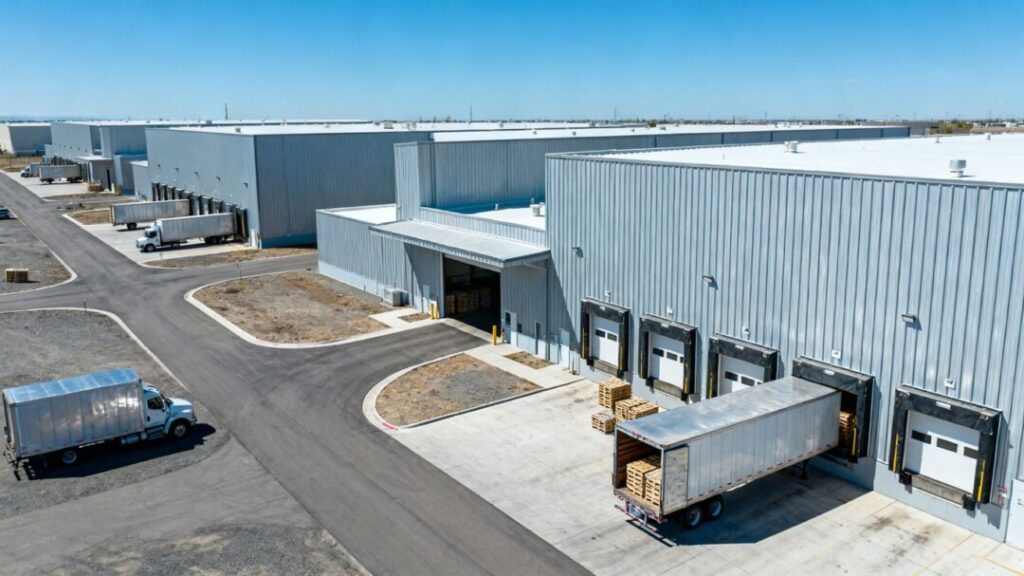 Large industrial complex with warehouses and trucks.