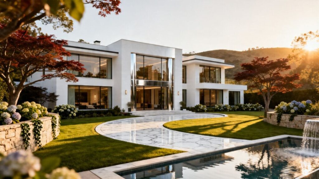 Luxury mansion with modern architecture and green landscaping.