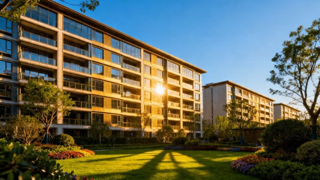 Modern apartment complex with landscaping under a blue sky.