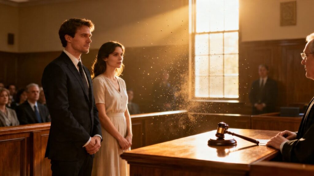 Couple in courtroom admitting guilt in real estate fraud.