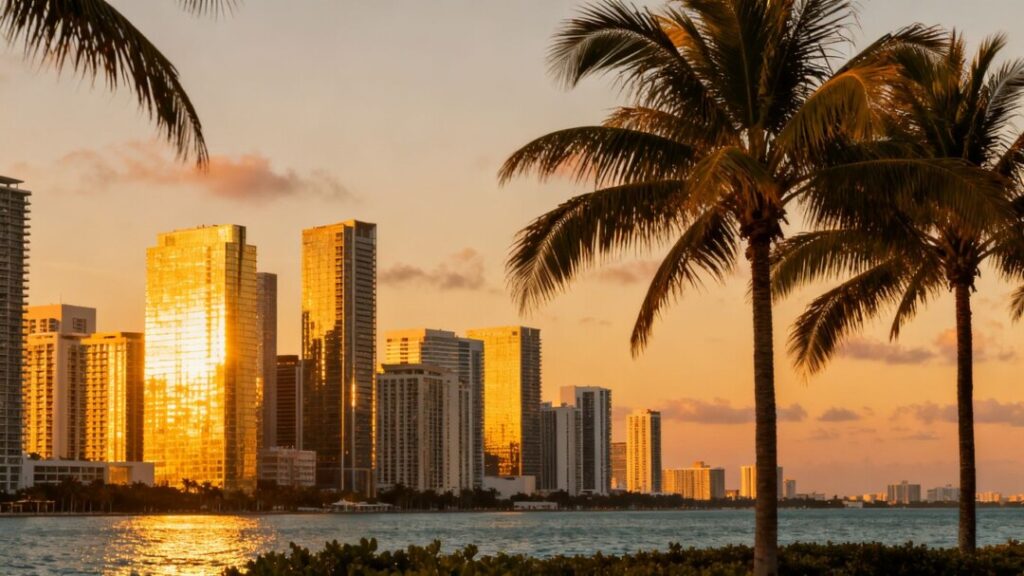 Miami skyline with palm trees and ocean at sunset.
