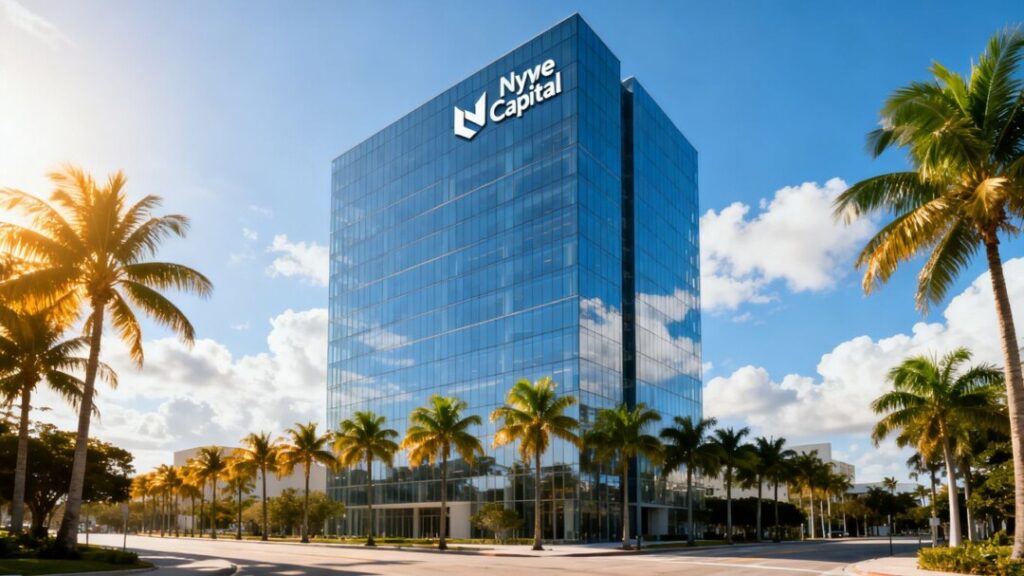 Nyne Capital skyscraper in Miami with palm trees.