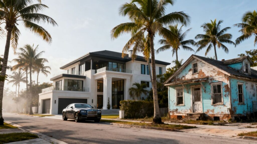 Luxury mansions next to older homes in Palm Beach.