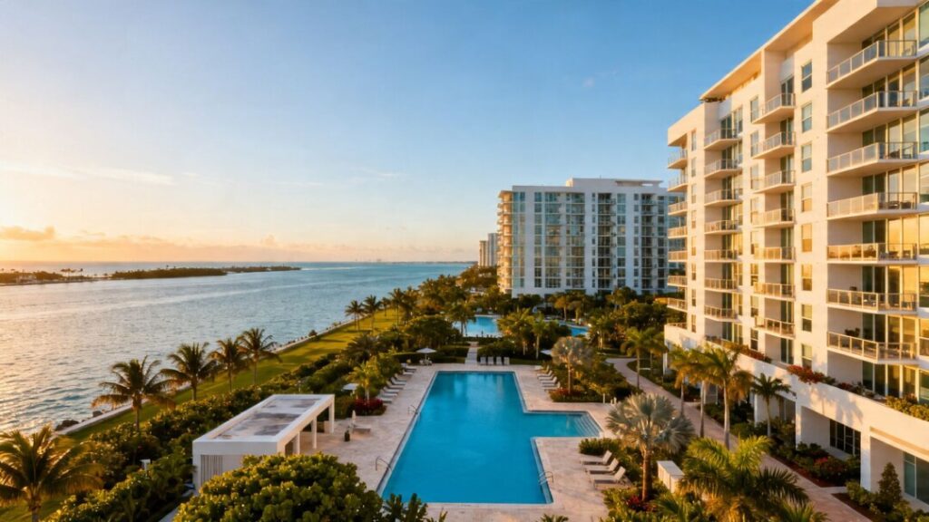 Miami waterfront multifamily community with pools and ocean views.