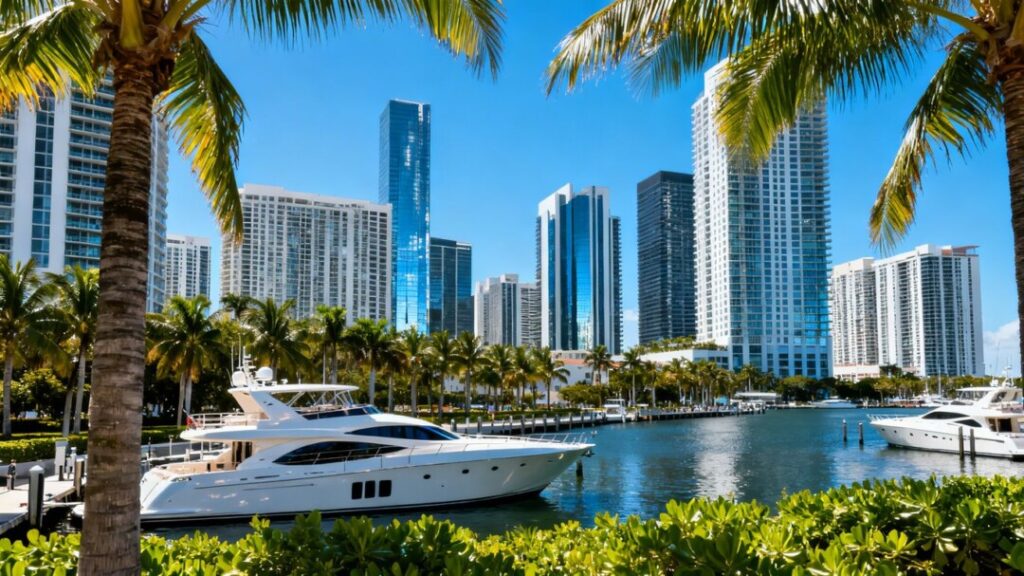 Brickell skyline with skyscrapers, palm trees, and marina.