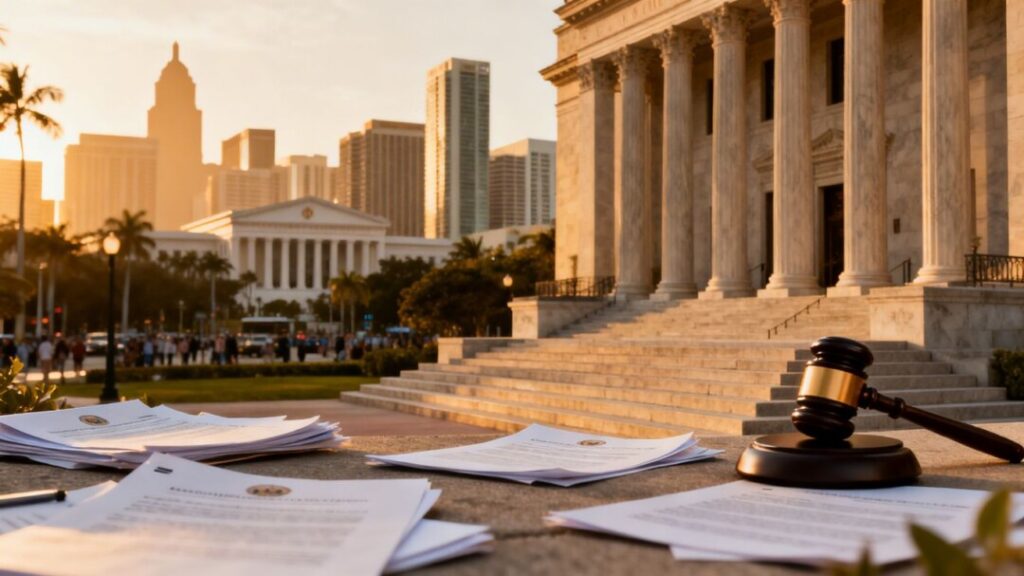 Miami courthouse with legal documents and gavels.