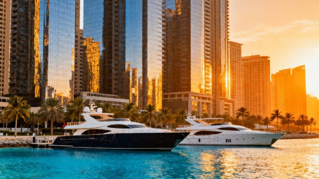 Miami skyline with yachts and palm trees.