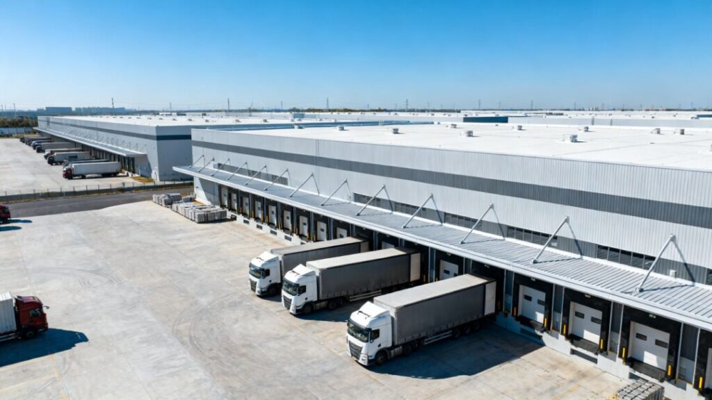 Modern industrial warehouse complex with trucks near loading docks.