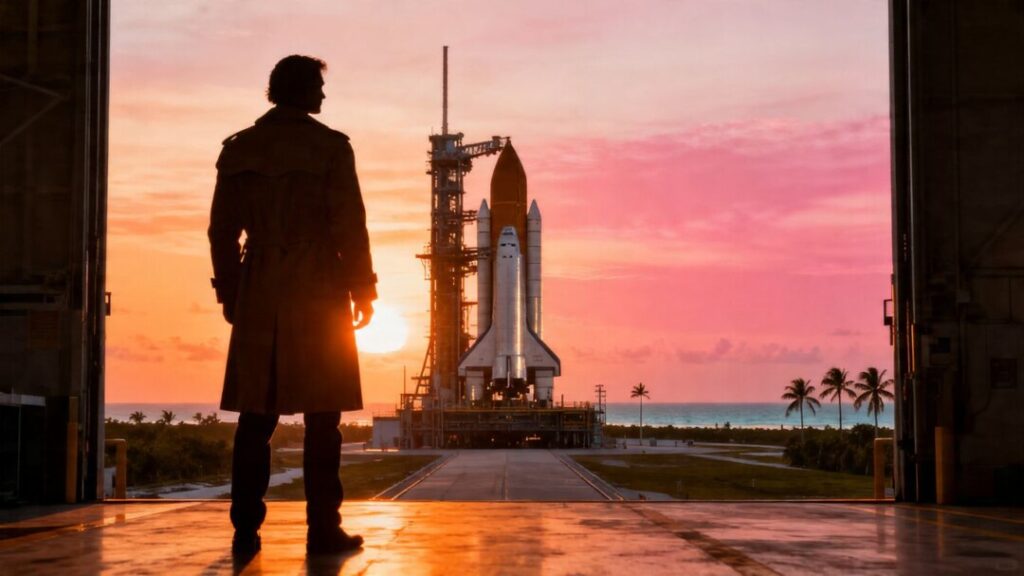 Space Coast rocket launch with a mysterious figure.