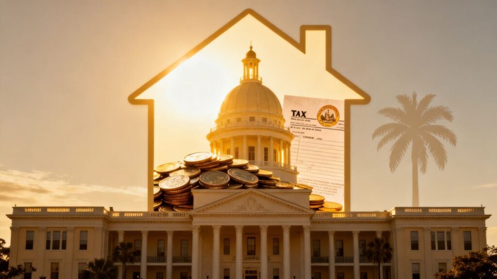 Florida capitol building with house silhouette and coins.