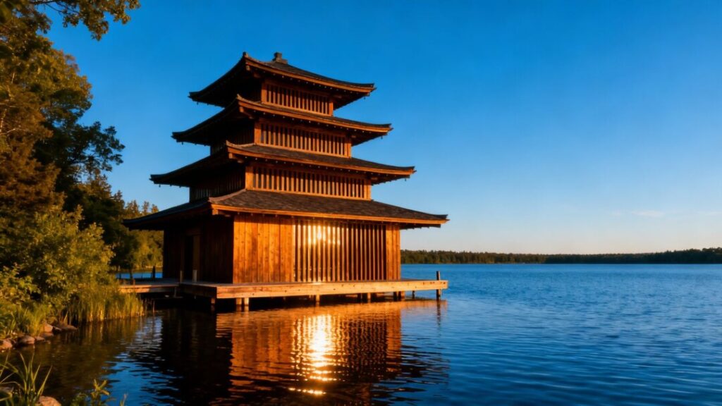 Japanese pagoda boathouse on a serene Minnesota lake.