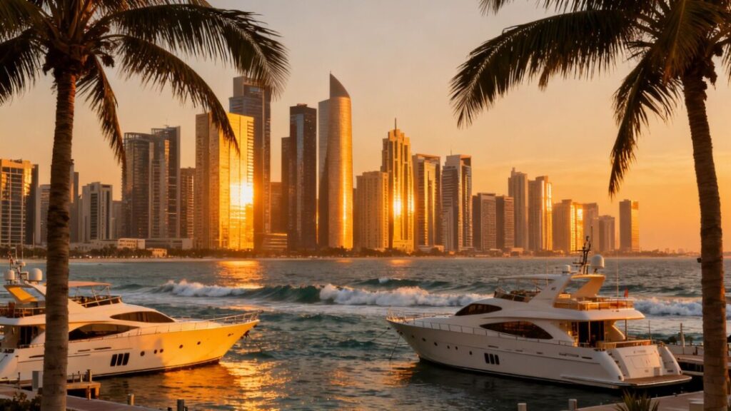Miami skyline with yachts and palm trees at sunset.