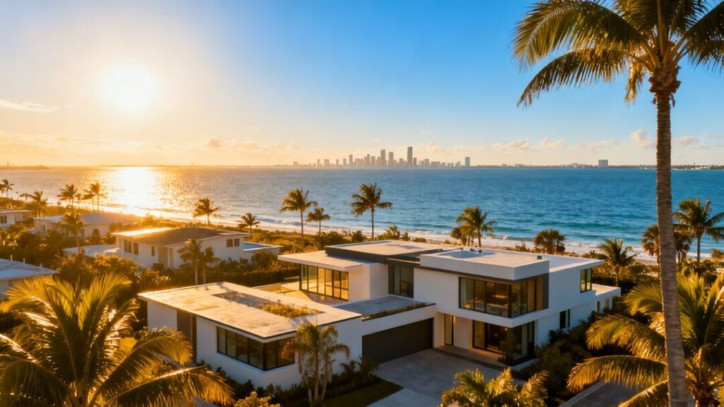 Florida coastline with modern houses and palm trees.