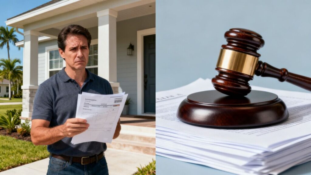 Florida home and gavel symbolizing property tax debate.