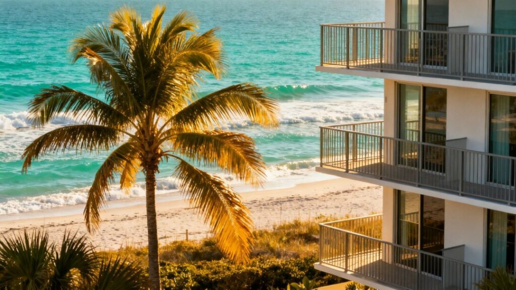 Florida condo complex by the ocean with palm trees.