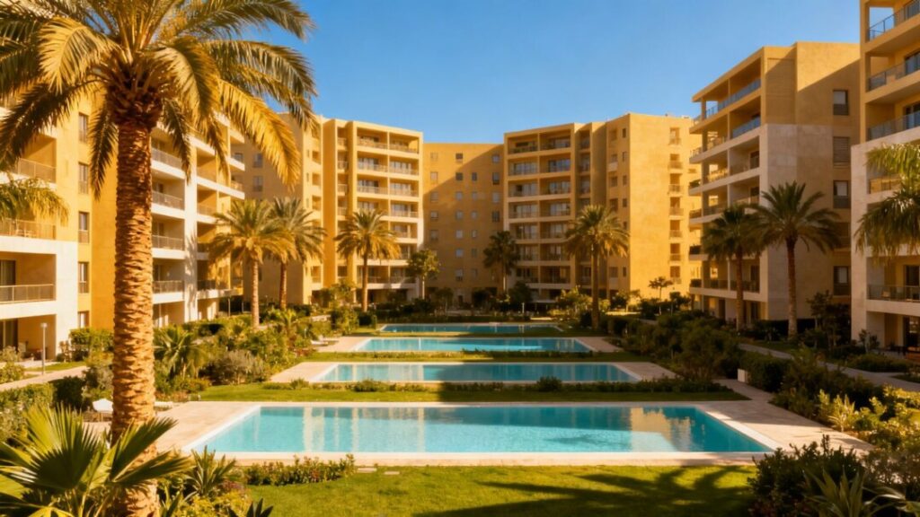 Phoenix-area apartment complex with pools and palm trees.