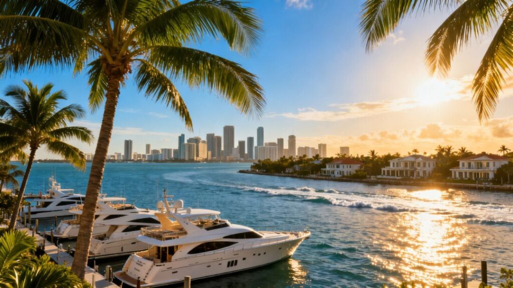 Miami skyline with luxury yachts and palm trees.