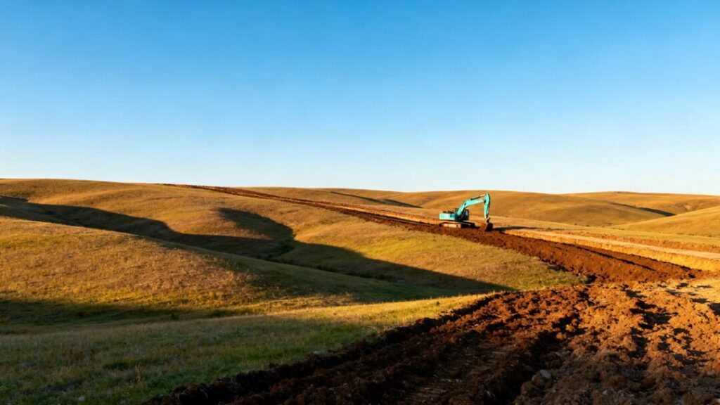 Expansive undeveloped land with an excavator working.