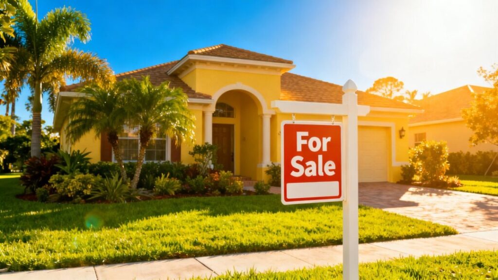 Florida home with 'For Sale' sign.